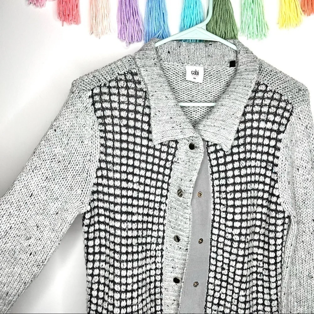 Cabi 3006 Gray Square Stich Window Pane Mock Neck Snap Cardigan Sweater Size S